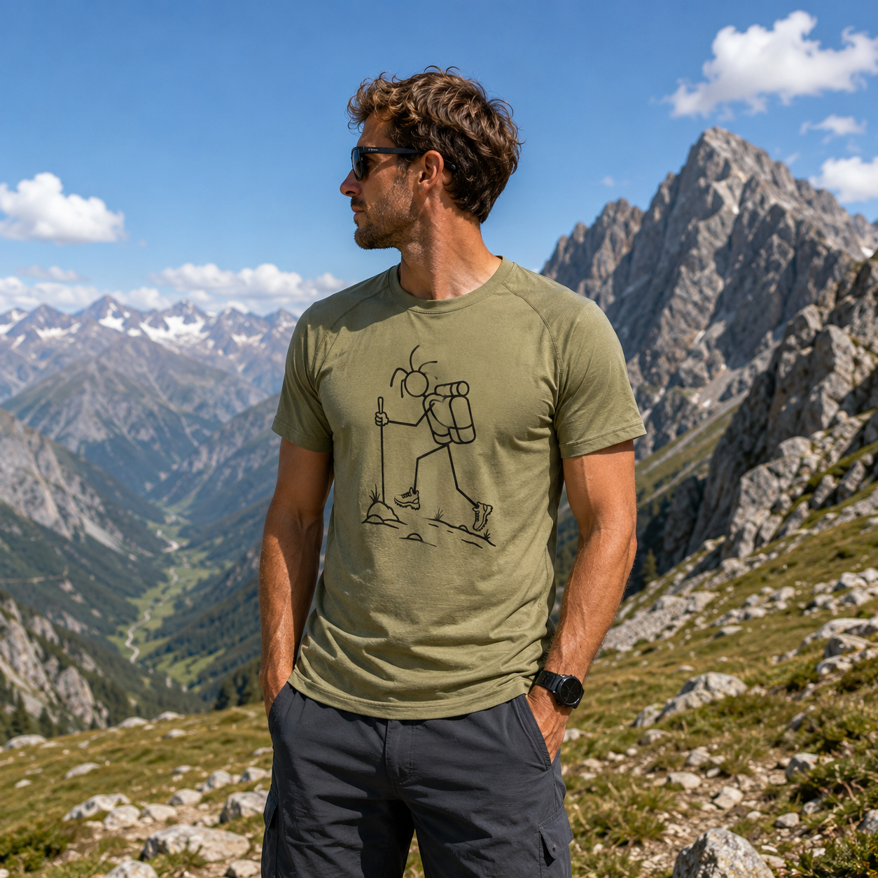 Mountain-Scape Signature T-Shirt Hiker Heren Legergroen Zwart - Afbeelding 2