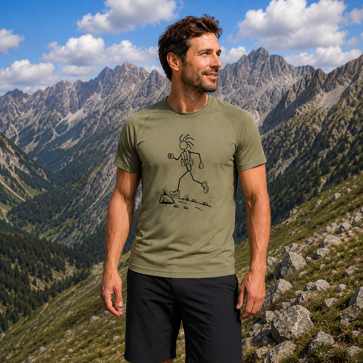 Mountain-Scape Signature T-Shirt Trailrunner Heren Legergroen Zwart - Afbeelding 3